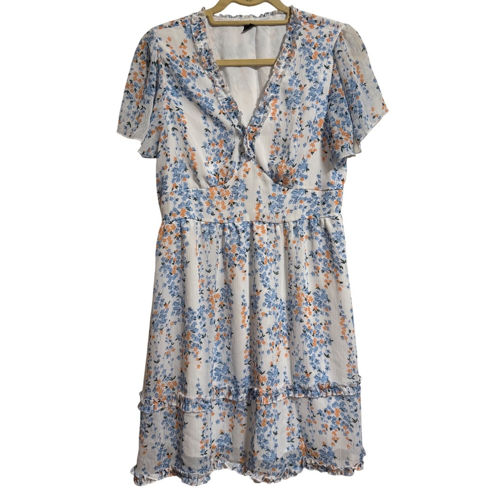 SHEIN Women Blue Orange Floral Ruffle V-Neck Tiered Mini Dress Size L 8/10